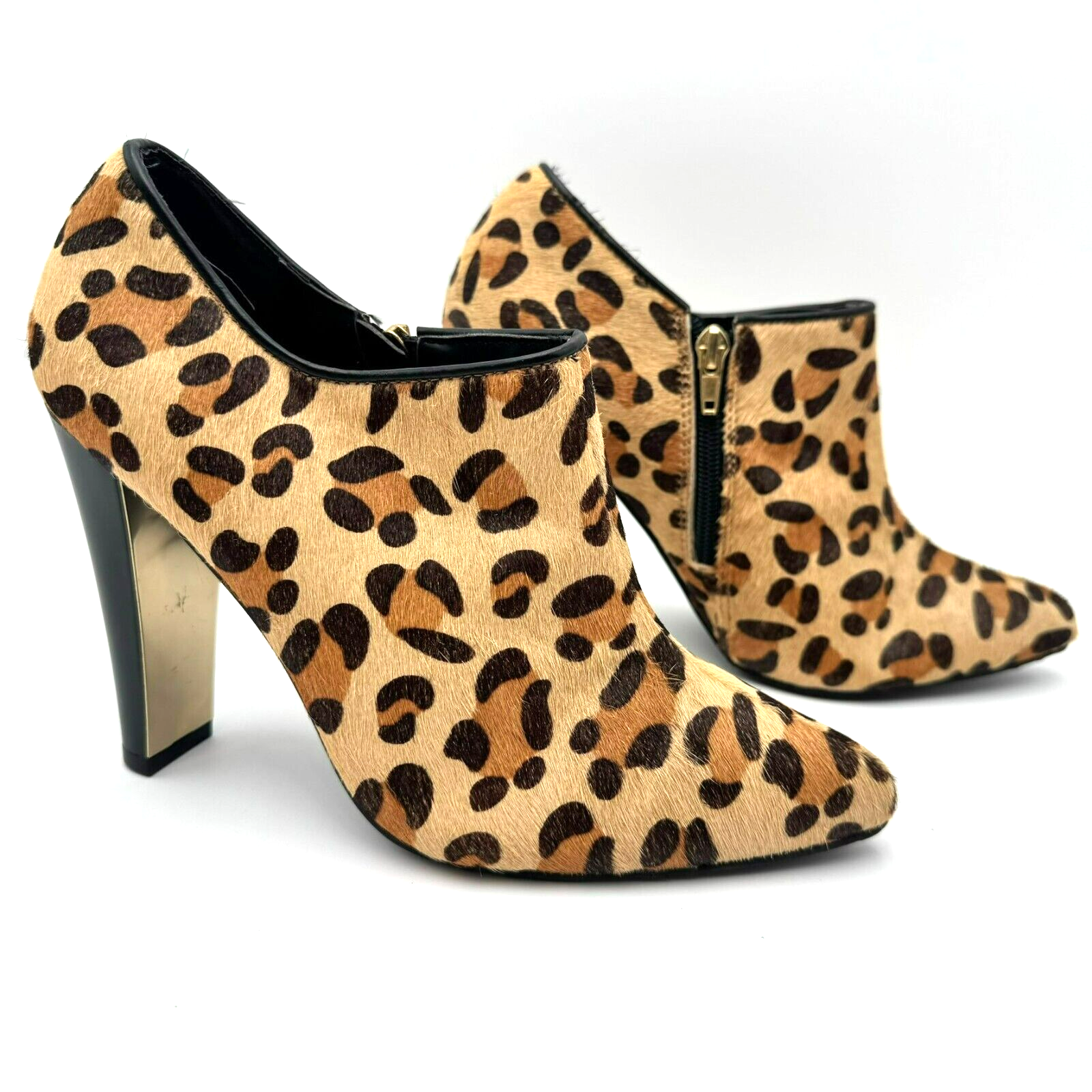 Iman Women's 7.5 Wide Leopard Print Calf Hair Leather Side Zip High Heel Booties